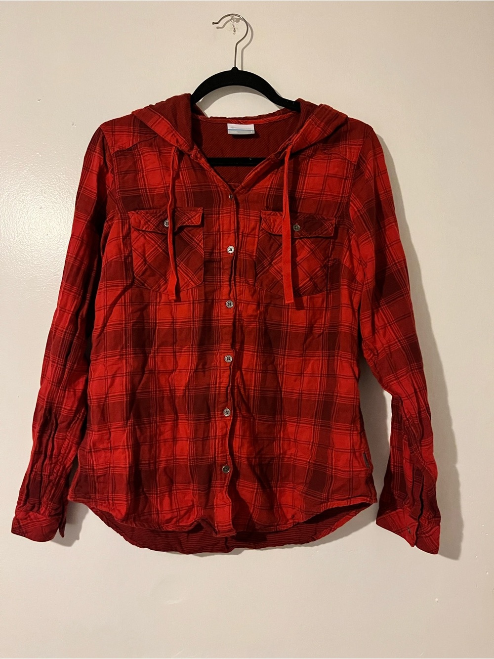 Columbia Red Plaid Button-Down Hooded Shirt